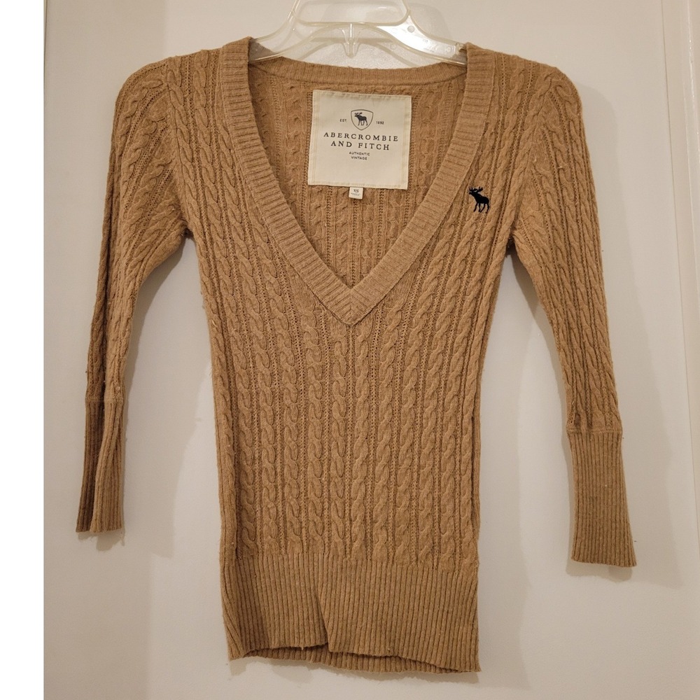 Y2K Abercrombie Fitch Camel Brown Cable Knit V Neck Sweater Bella Swan Twilight